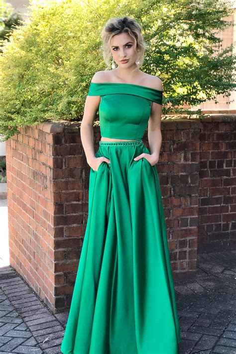 Two Piece Off Shouler Green Long Prom Dress With Pocketswaist Beaded