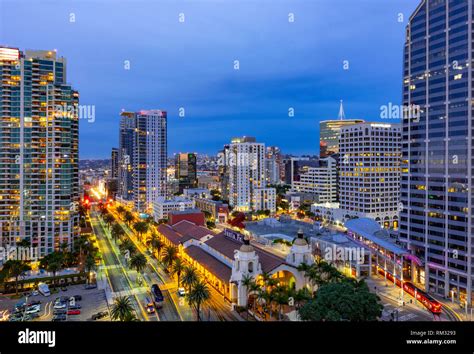 Downtown San Diego California At Night Shot From Above City Lights Are