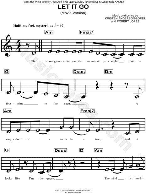 You can print the sheet music, beautifully rendered by sibelius, up to three times. "Let It Go (Movie Version)" from 'Frozen' Sheet Music for Beginners in A Minor (transposable ...