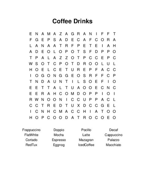 Coffee Drinks Word Search