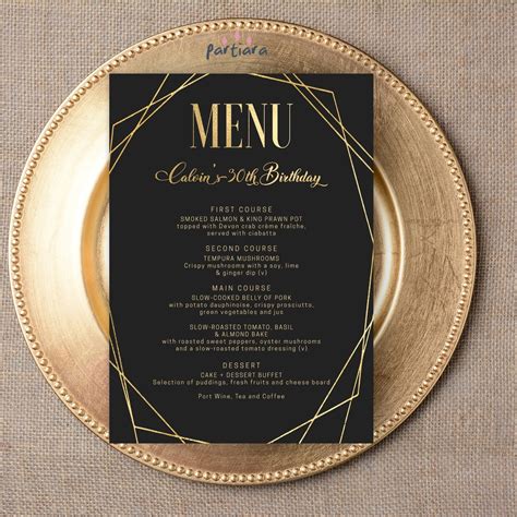 Menu Cards Black And Gold Birthday Dinner Menus Editable Menu Etsy