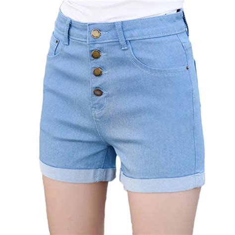 Women 4 Buttons Elastic High Waist Shorts Fashion Feminino Denim Shorts