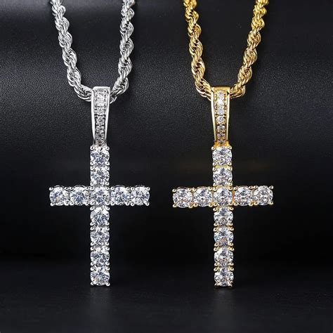 Rapper HIP Hop Iced Out Bling Cross Necklace Men Gold Color Stainless Steel Pendants Necklace