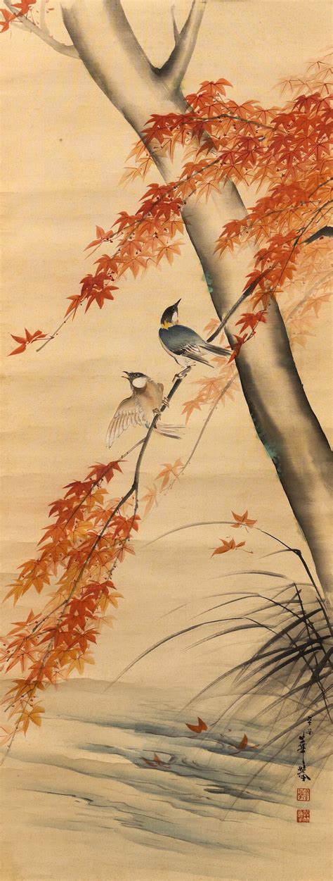 lot-japanese-scroll-painting-on-silk-depicts-birds-in-a-red-maple-tree-signed-and-seal-marked