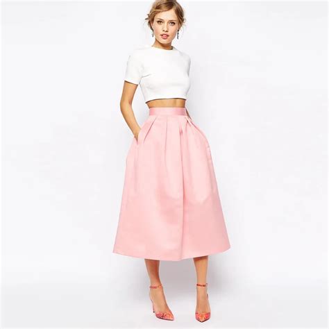 Graceful Pink Satin Skirts 2016 A Line Chic Invisible Zipper Waist Pleated Skirt High Quality