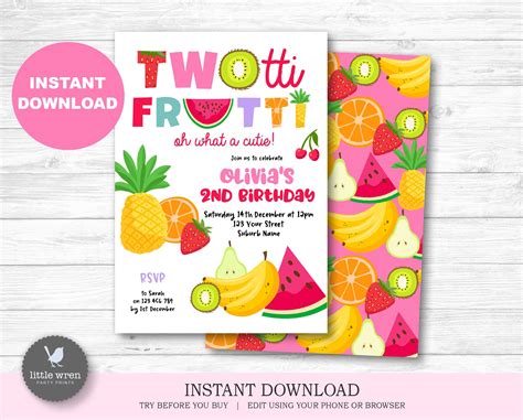 Twotti Frutti Invitation Instant Download Birthday Party Etsy Tutti