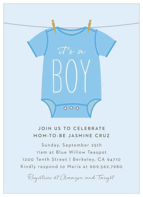Softly sweet pachyderms capture the essence of a newborn, and their playful cousins reflect the joy that the tiniest of children stirs in us. Boy Onesie Clothesline Baby Shower Invitation by Basic Invite
