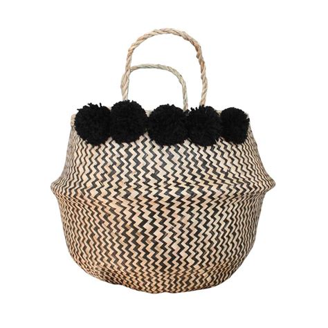 Grand Panier Boule Naturel Et Noir Zig Zag Pompons Noirs Panier