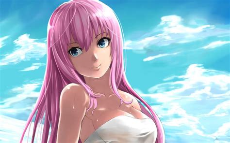 Anime Girl Smiling Pink Hair The Blue Sky And White