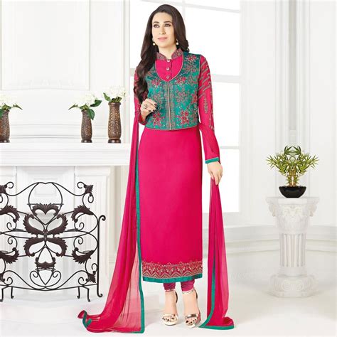 Elegant Pink Green Designer Embroidered Faux Georgette Salwar Suit In 2020 Lovely Dresses