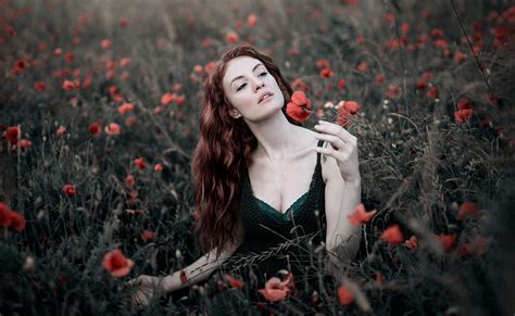 Wallpaper Redhead Women Outdoors Long Hair Pale Poppies Cleavage