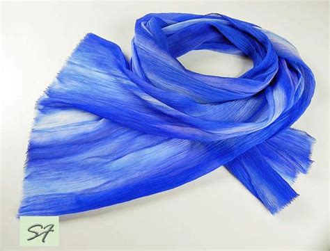 Blue Silk Scarf Chiffon Crinkled Silk Soft Pleated Hand Dyed Silk