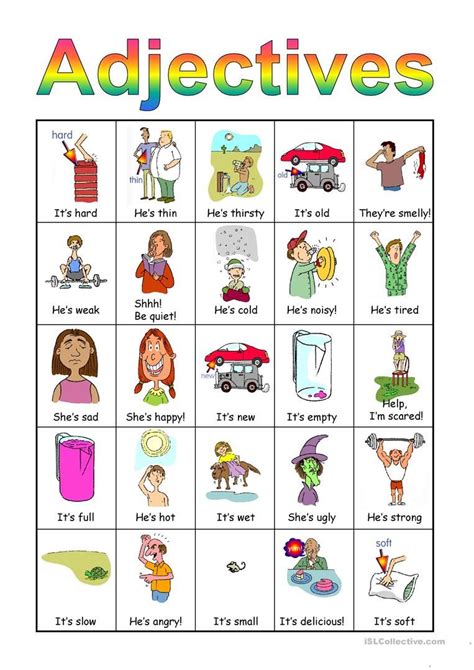 Adjetivos En Ingles Y Español Con Dibujos Para Niños Para Colorear
