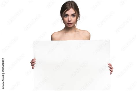 Sexy Naked Girl With A Poster Clean Skin Hair Removed Isolated On Transparent Background For