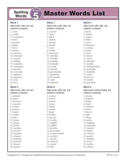 36 Week Fifth Grade Spelling Words Master List