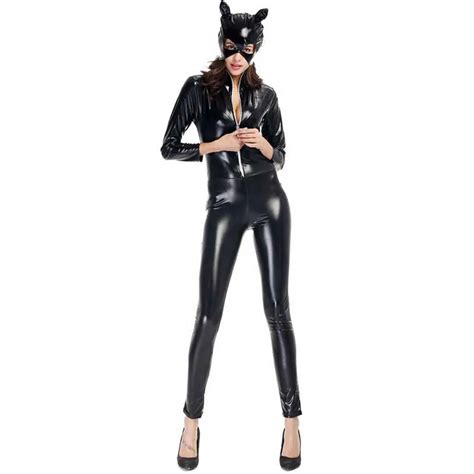 Women Black Patent Leather Catsuit Sexy Catwoman Costume Adults Cosplay Bodysuit Stretchable