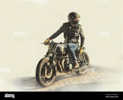 Honda Cafe Racer Motorcycle And Rider Stock Photo Alamy