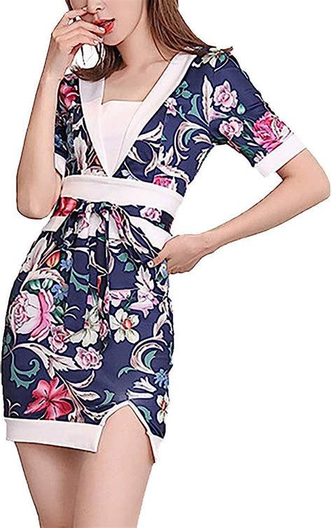 Women S V Neck Kimono Dress Floral Print Japanese Yukata Bodycon Mini Dress With Obi Belt