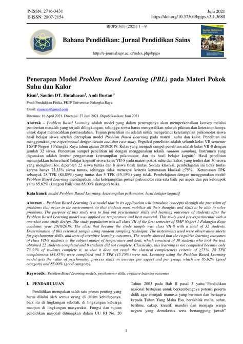 Pdf Penerapan Model Problem Based Learning Pbl Pada Materi Pokok