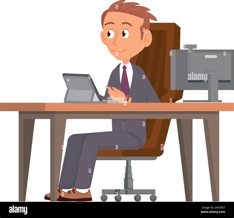 Office Manager Sit At Computer Desk Cartoon Businessman Stock Vector