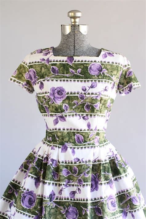Vintage 1950s Dress 50s Cotton Dress Purple And Green Rose Print