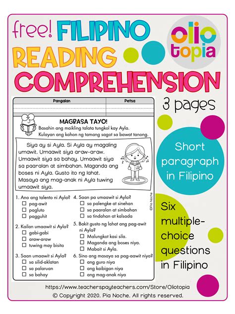 Tagalog Reading Comprehension For Grade Filipino Worksheets Pdf