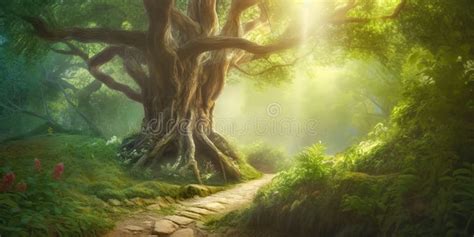 Path In Beautiful Fairy Tale Forest In Summer Day Fantasy Landscape