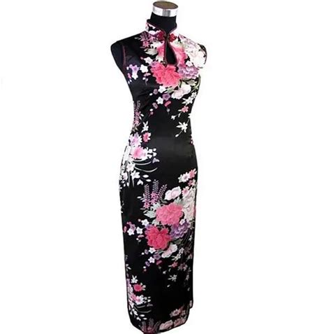 Buy Black Print Flower Sleeveless Chinese Dress Silk