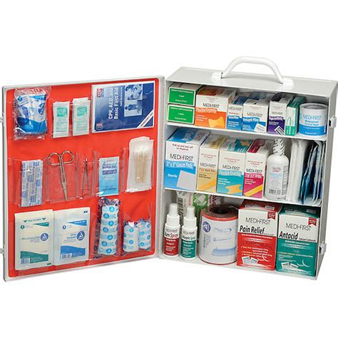A first aid box, more commonly called a first aid kit is a container that has some basic first aid supplies. First Aid Kit: 3-Shelf/ANSI Approved | Creative Safety Supply