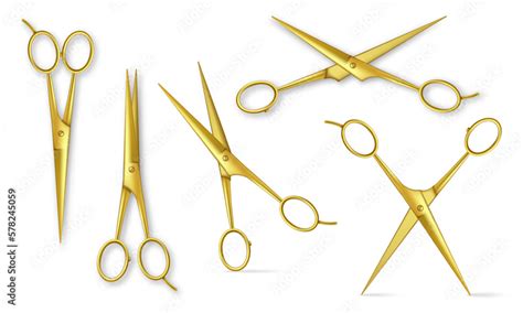 Realistic Gold Metal Scissors Closed And Open Stationery Or Hair Salon