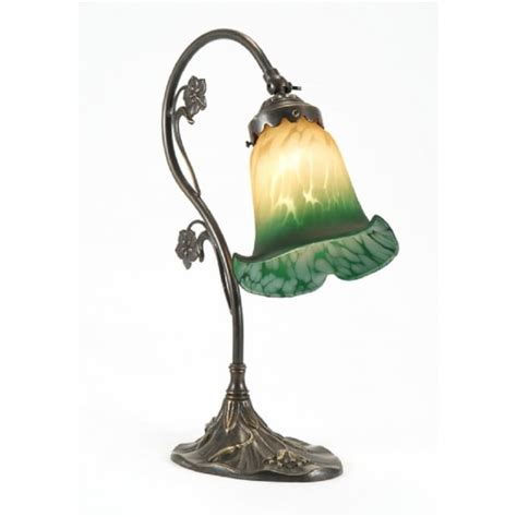 Art Nouveau Style Victorian Table Lamp In Aged Brass With Green Shade