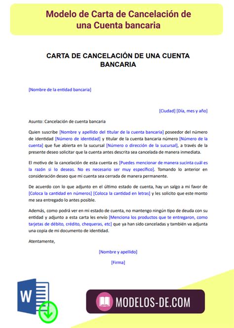 Modelo De Carta De Cancelación De Cuenta Bancaria En Word