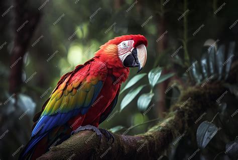 Premium Ai Image Red Parrot Macaw Parrot Fly In Dark Green Vegetation