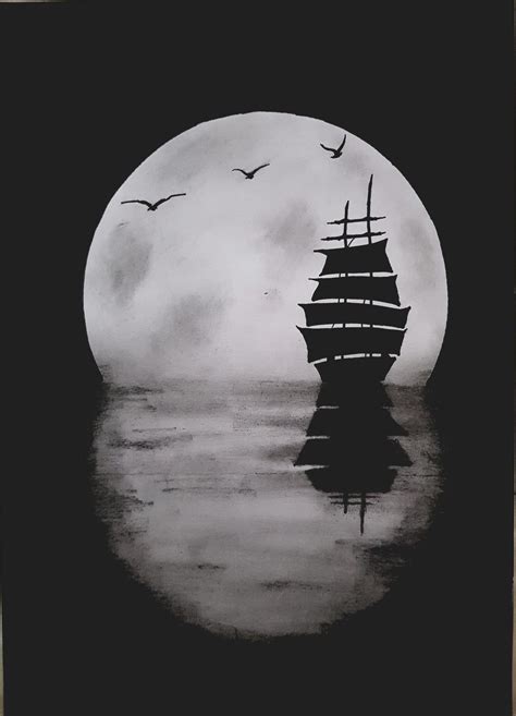 Boat In Seat At Night Birds And Moon Landscape Pencil Drawings Art