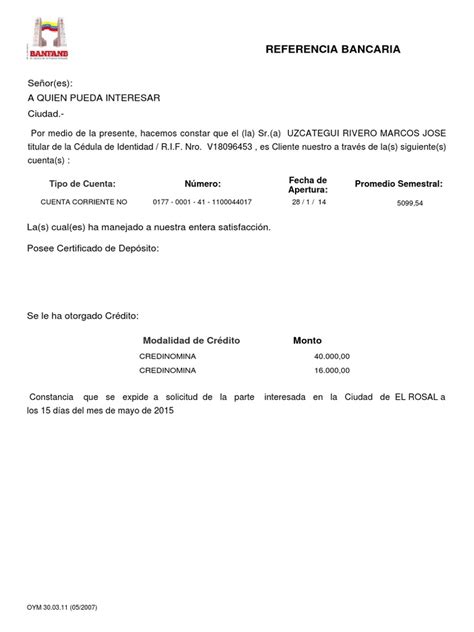 Referencia Bancaria Cliente Uzcategui Marcos V18096453 Pdf Bancario