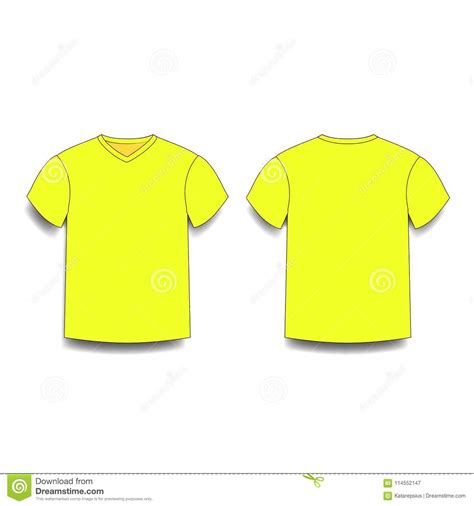 Yellow Male T Shirt Template V Neck Front And Back Side Views Stock
