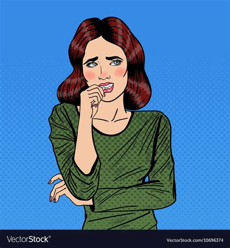 Nervous Pop Art Young Woman Biting Her Nails Vector Image