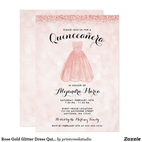 Rose Gold Glitter Dress Quinceanera Invitations Zazzle Gold