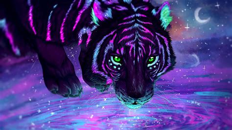 Free Download Hd Wallpaper Purple And Blue Tiger Illustration Water