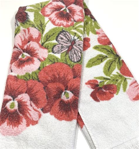 Floral Bath Towel Vintage Pink Pansy Flowers Butterflies Fringed Towel