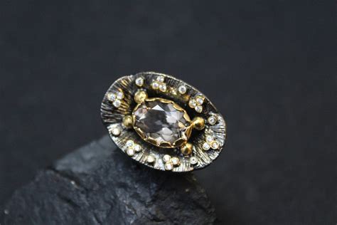 Oxidized Sterling Silver Statement Ring With Cz And Gold Accents