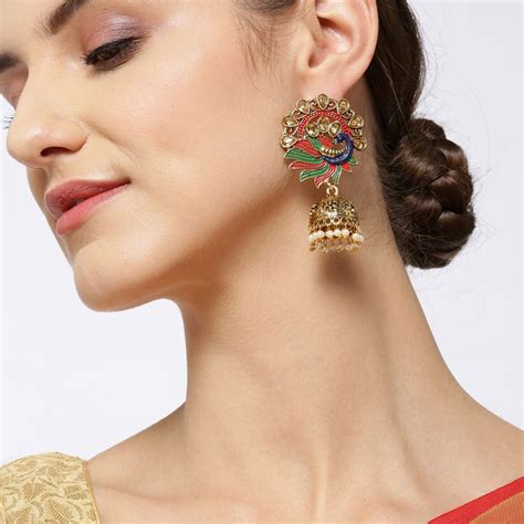 Priyaasi Gold Plated Peacock Inspired Minakari Jhumka Earrings Buy