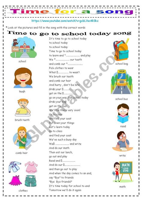Time To Go To School Song Esl Worksheet By Saaidiyasmine