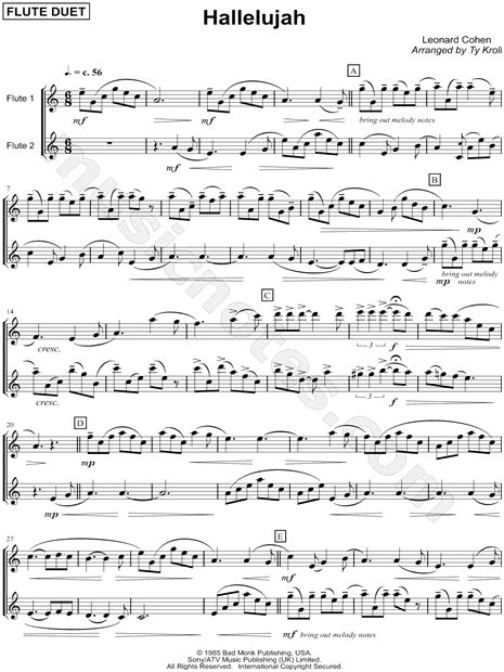 Leonard Cohen Hallelujah Flute Duet Sheet Music In C