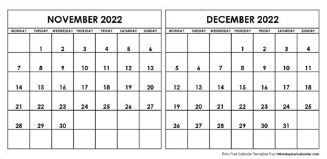 Nov Dec 2022 Calendar Monday Start Editable Two Months Template