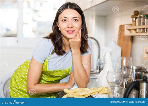 Girl Housewife In Apron Standing At Kitchen At Home Stock Image Image Of Adult Girl 239077649