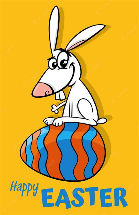 Premium Vector Cartoon Easter Bunny With Big Coloered Egg Greeting Card