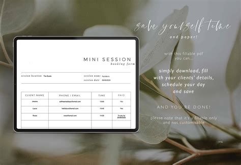Booking Form For Mini Sessions Printable Photo Shoot Register