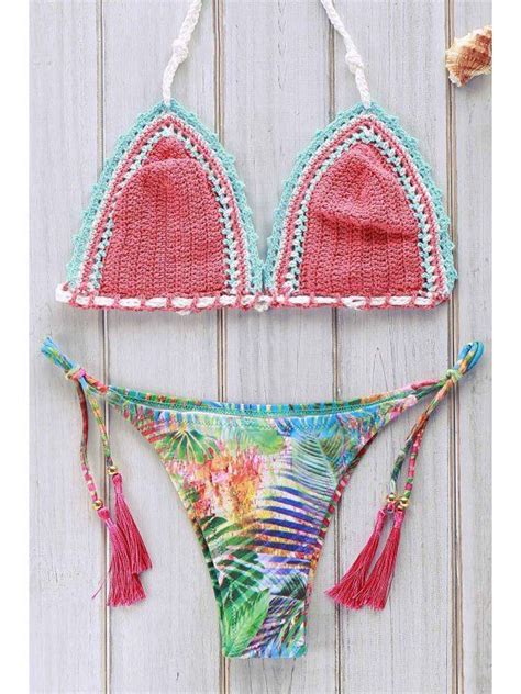 2018 printed crocheted bikini set in watermelon red m zaful