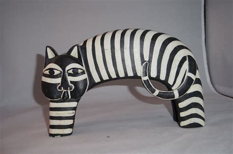 Vintage Laurel Burch Wooden Cat Figurine Striped White And Black